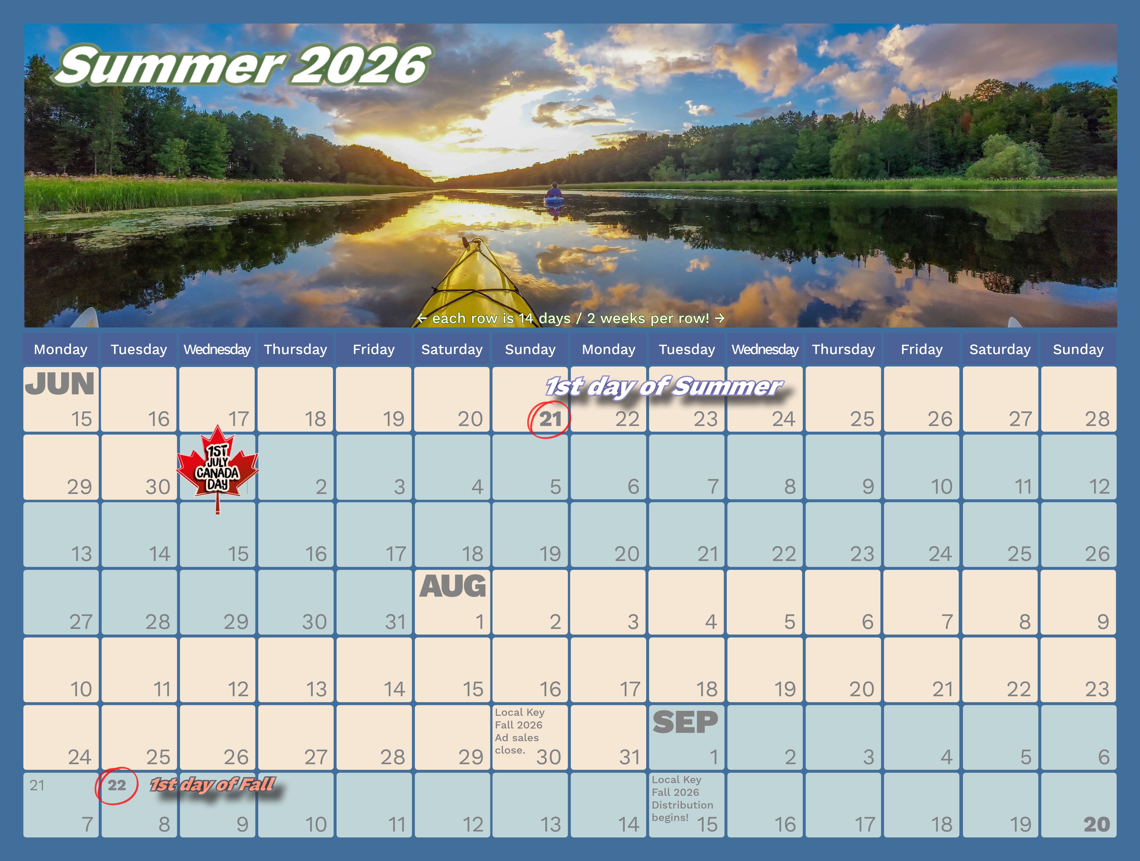 Local Key Summer 2026 Calendar — 14-day row format, June to September